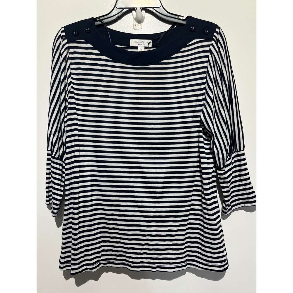 John Paul Richard Petite PXL Navy White Striped 3/4 Sleeve Top NWT P8808002J1